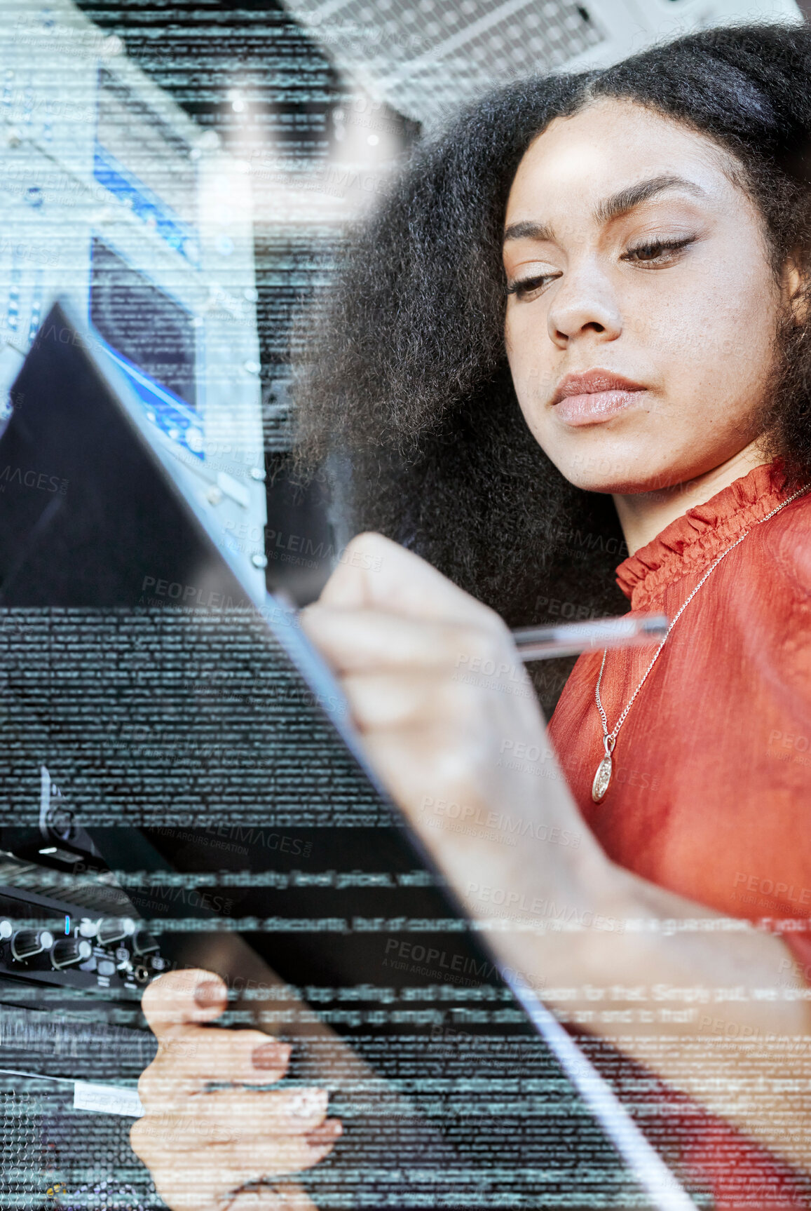 Buy stock photo Server, information technology and woman writing on clipboard for analysis of motherboard. Programming, coding text and black woman IT engineer checking database, cyber network and digital software