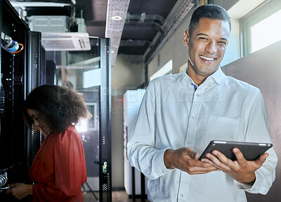 Buy stock photo Server room, employees and man with tablet working on internet or web connection. Portrait, smile and maintenance technician with coworker programming or software upgrade of computer in data center.