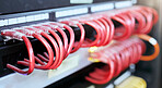 IT, server and cables for cyber security, internet safety and information technology in business. Cybersecurity, server room and data center with connection for digital security in zoom closeup