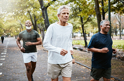 Buy stock photo Run, group and senior men training, running and in street for health, wellness and fitness outdoor. Retirement, healthy males and friends running together, strong workout and exercise for cardio