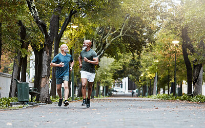 Buy stock photo Fitness, friends and senior men running in road of city for health, wellness and body care. Exercise, training and elderly males run together enjoy being active, workout and exercising in retirement
