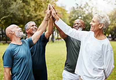 Buy stock photo High five, fitness and senior men friends in park for teamwork, exercise target and workout mission together with community support. Elderly group of people with outdoor wellness success hands sign