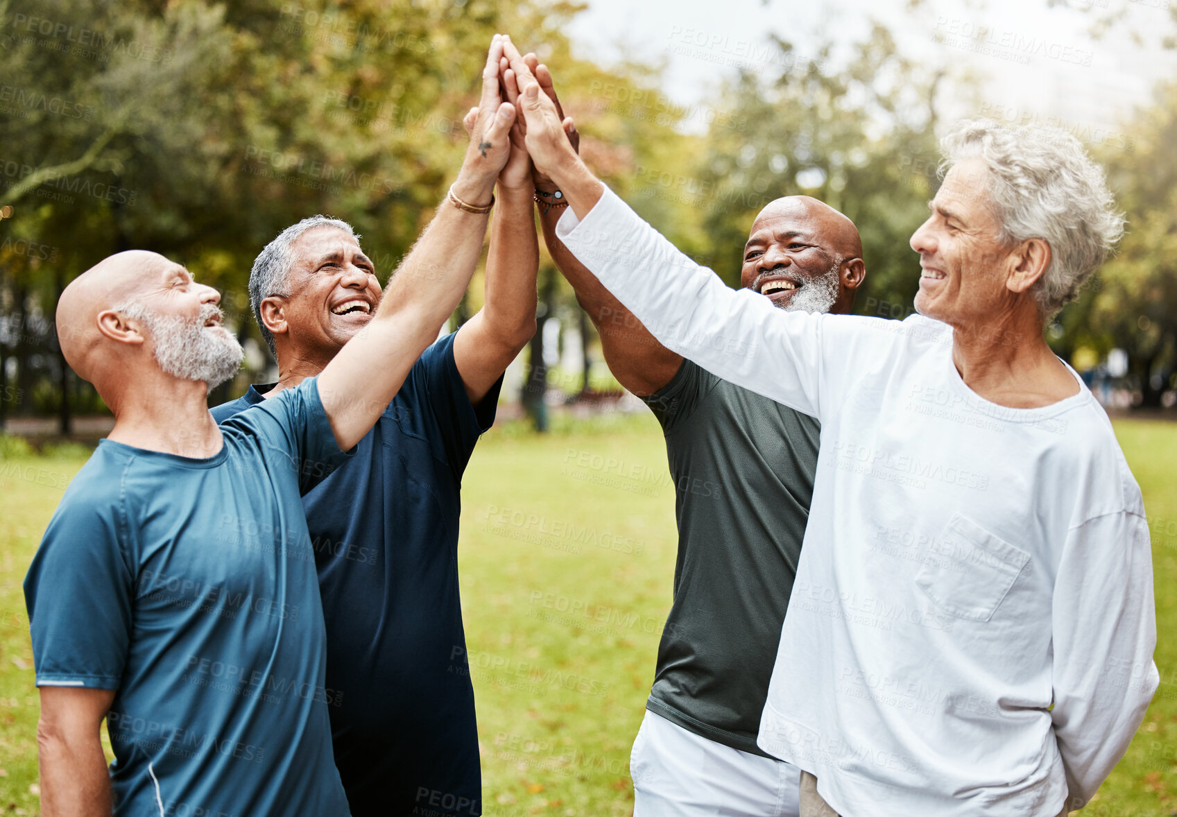 Buy stock photo High five, fitness and senior men friends in park for teamwork, exercise target and workout mission together with community support. Elderly group of people with outdoor wellness success hands sign