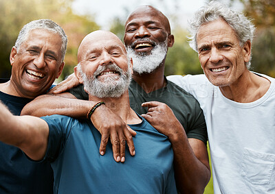 Buy stock photo Friends, fitness and exercise with a senior man group outdoor together for a workout or training. Portrait, happy and health with a male athlete and friend exercising outside for a healthy lifestyle