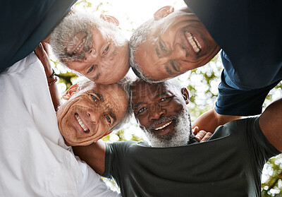 Buy stock photo Old men, huddle and diversity, friends and teamwork outdoors for solidarity, unity or union in low angle. Support, trust and collaboration of happy and senior fitness group together on workout break.