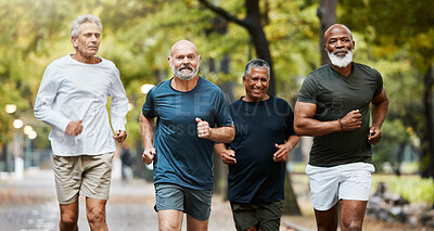 Buy stock photo Fitness, running and group of senior men doing exercise, training and workout together in park on weekend. Nature, friendship and old males doing sports outdoors for health, wellness and body care