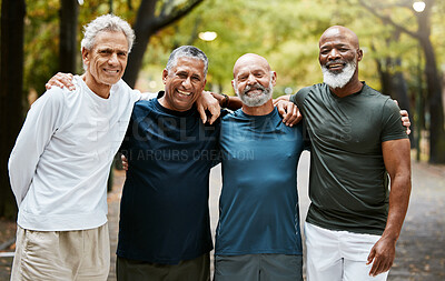 Buy stock photo Fitness portrait of senior diversity friends on outdoor exercise run, cardio training or nature park friendship reunion. Solidarity, retirement health and group of people, runner or men in London UK