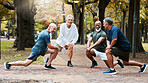 Senior, man group and stretching at outdoor together for elderly fitness and urban wellness with happiness. Happy retirement, workout or exercise club in diversity, teamwork and lunges for health