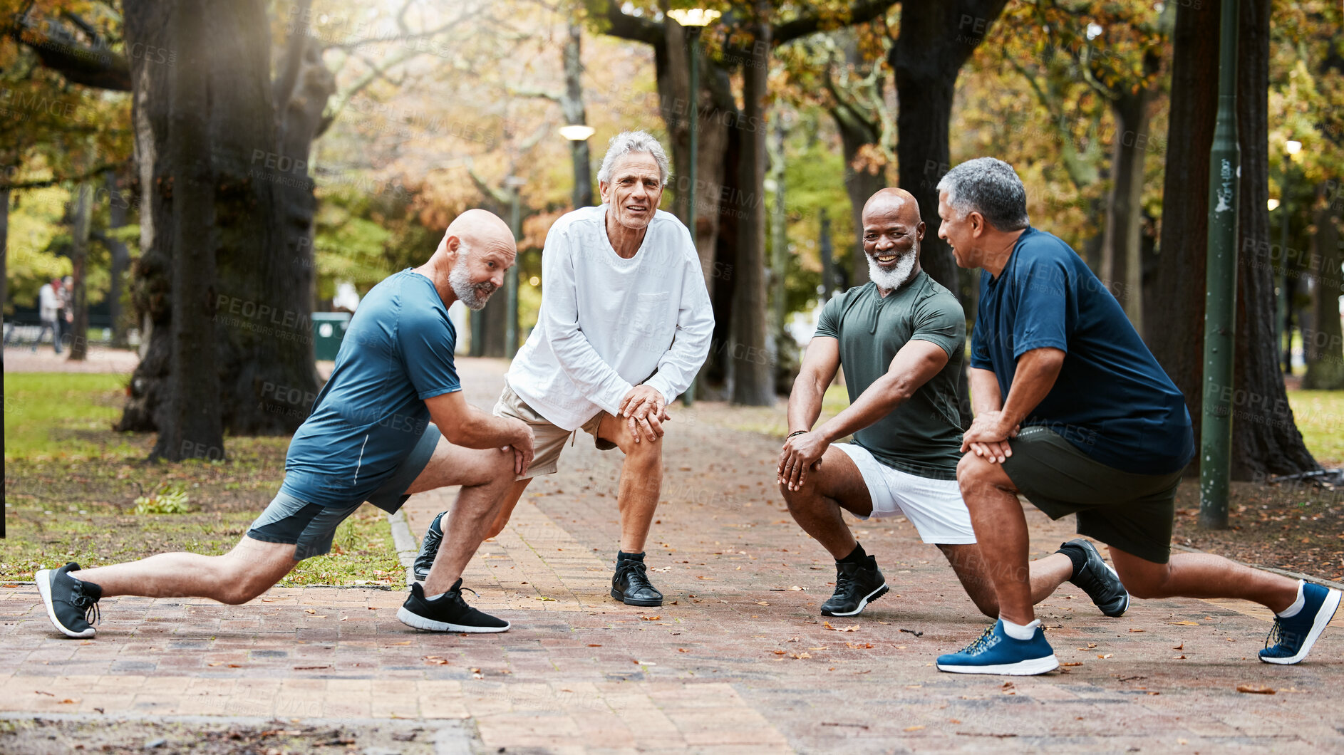 Buy stock photo Senior, man group and stretching at outdoor together for elderly fitness or urban wellness for happiness. Happy retirement, friends workout or exercise club in diversity, teamwork or health lunges
