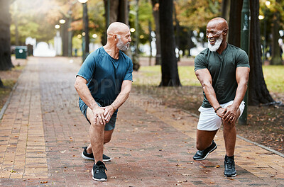 Buy stock photo Elderly men, training  and stretching for morning workout in the park or forest. Senior, lunges exercise and motivation for wellness, fitness and healthcare strong legs cardio or running outdoors 
