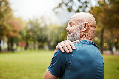 Buy stock photo Senior man, shoulder pain and fitness injury in wellness exercise, training and health workout in nature park or countryside . Ache, inflammation and body tension for cardio training and runner