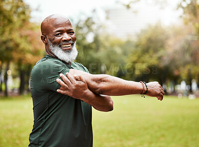Buy stock photo Senior fitness, exercise and black man stretching outdoor at park for energy, health and wellness in retirement. Portrait, face and smile of male in nature for workout, cardio and training in summer
