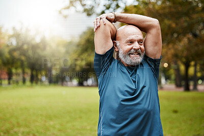 Buy stock photo Stretching, fitness and running with old man in park for health, workout or sports with mockup. Warm up, retirement and exercise with senior runner in nature for training, jogger and cardio endurance