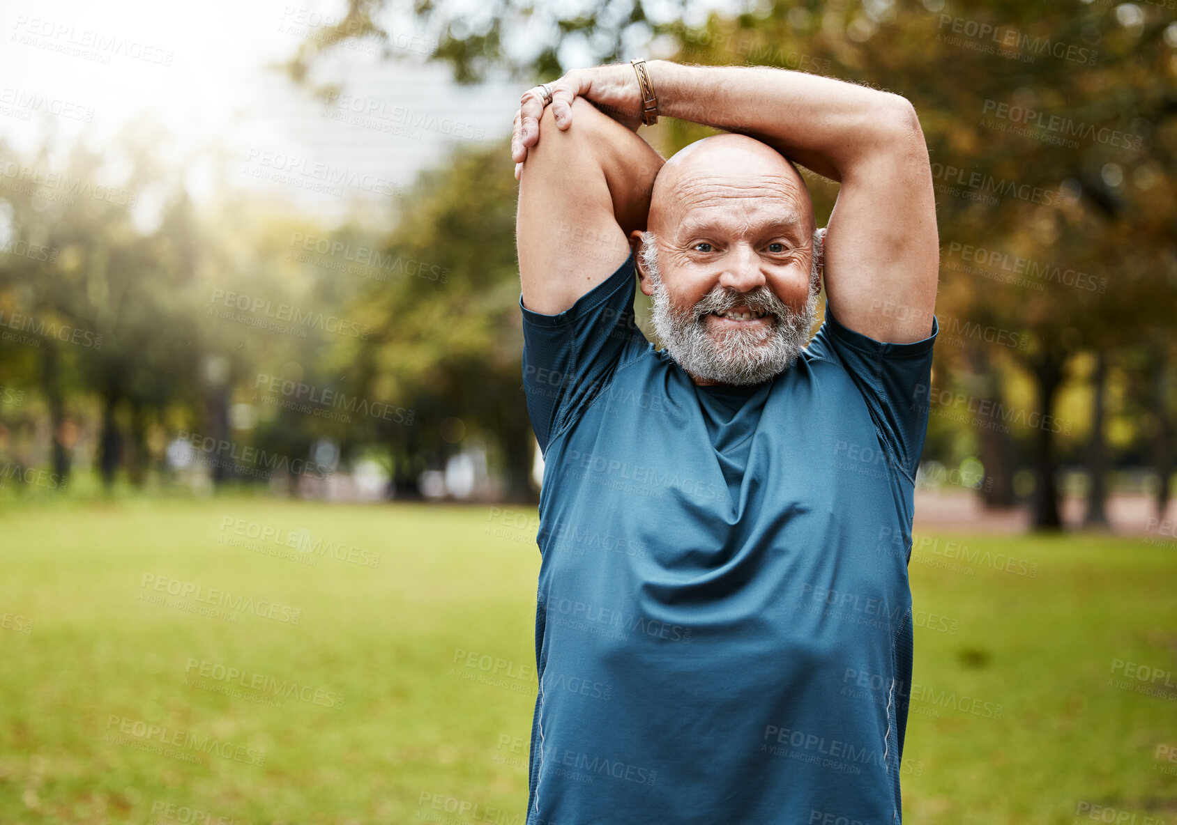 Buy stock photo Elderly man, fitness and stretching arms for workout, exercise or training in the nature outdoors. Senior male in wellness for warm up arm stretch at the park for healthy exercising or sports outside