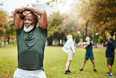 Buy stock photo Black man, exercise and senior stretching in park, fitness and workout, energy and healthy lifestyle outdoors. African old man training with motivation in nature for strong body, wellness and sports 