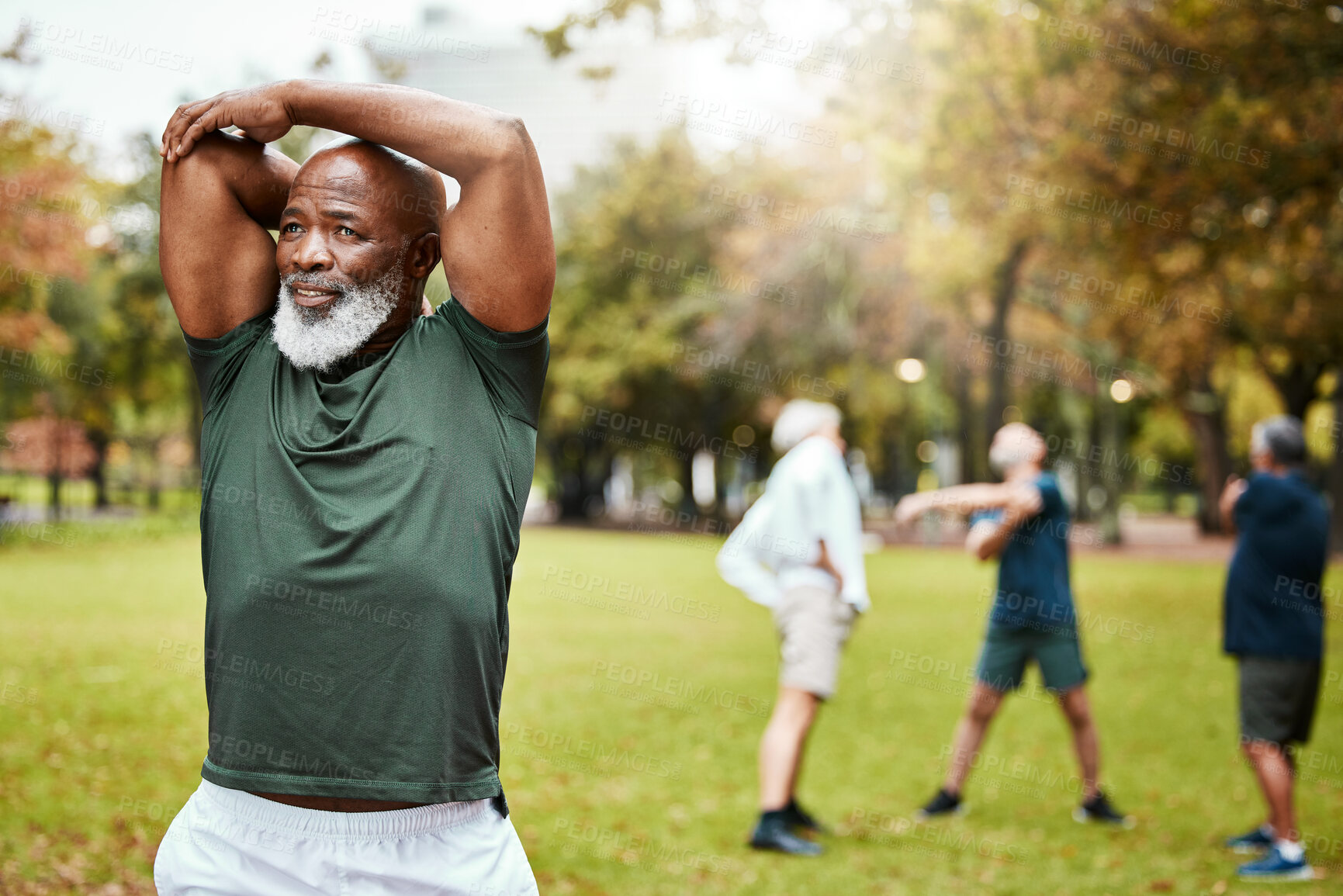 Buy stock photo Black man, exercise and senior stretching in park, fitness and workout, energy and healthy lifestyle outdoors. African old man training with motivation in nature for strong body, wellness and sports 