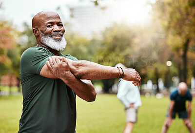 Buy stock photo Portrait, stretching and active seniors at a park for training, exercise and cardio wellness. Fitness, arm stretch and friends with senior men relax before workout, happy and together for activity