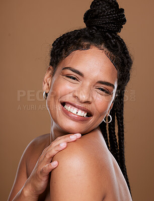 Buy stock photo Skincare, beauty and black woman smile for cosmetics, makeup and dermatology mockup on brown studio background with hair braids. Face portrait of happy model with a glow on skin with self care