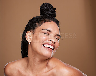 Buy stock photo Skincare, beauty and woman in studio for skin, body and wellness grooming, hygiene and mockup on brown background. Black woman, happy and relax after luxury, cosmetics and makeup treatment with space