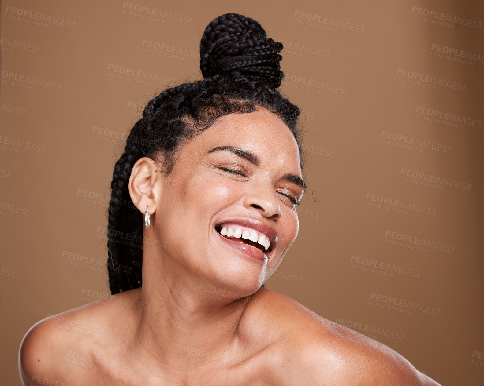 Buy stock photo Skincare, beauty and woman in studio for skin, body and wellness grooming, hygiene and mockup on brown background. Black woman, happy and relax after luxury, cosmetics and makeup treatment with space