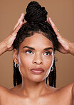 Black woman, beauty and thinking for skincare, health and wellness on a brown studio background. Beauty model, cosmetology and bodycare or skin care with cosmetics, makeup and body for african female