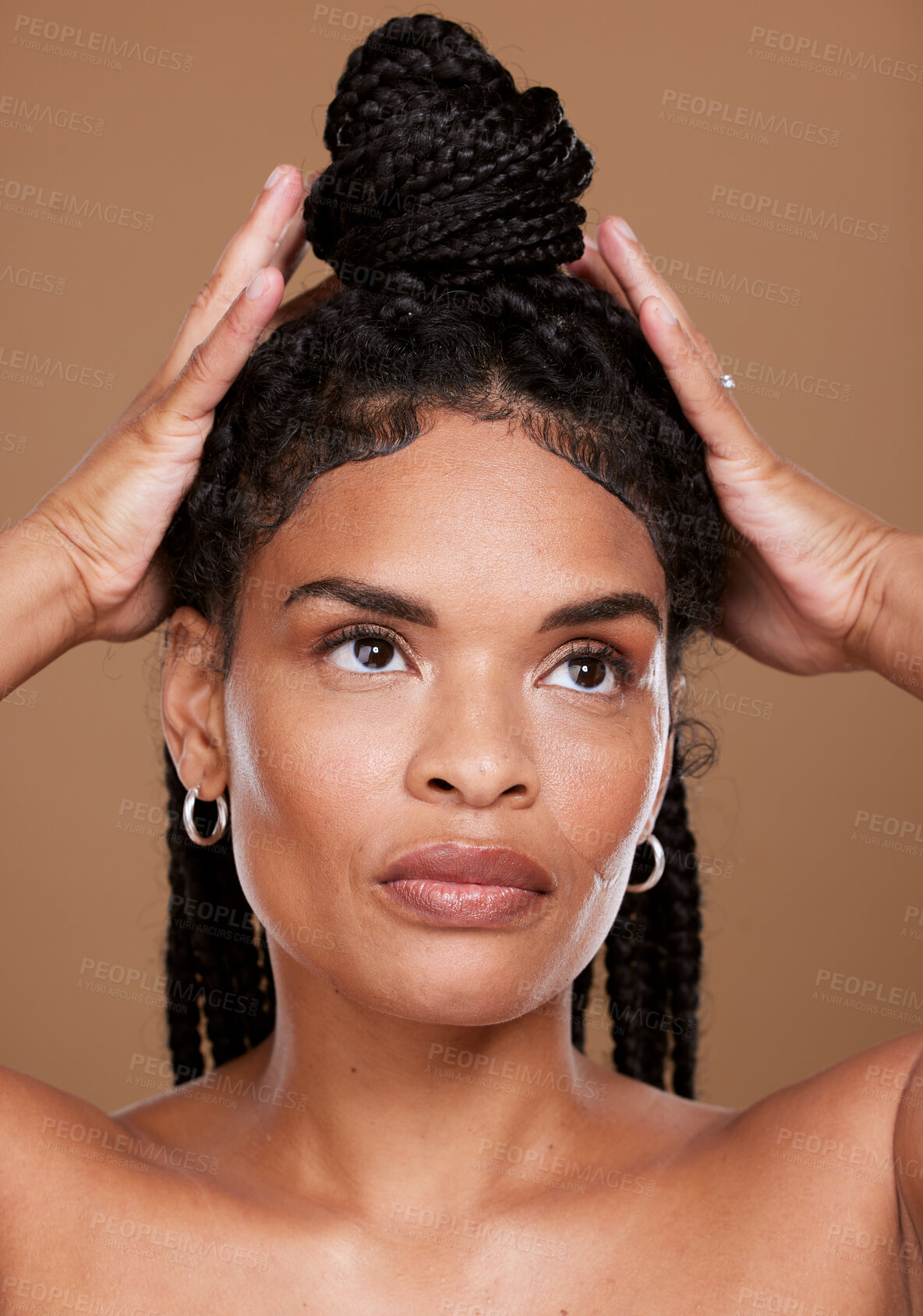 Buy stock photo Black woman, beauty and thinking for skincare, health and wellness on a brown studio background. Beauty model, cosmetology and bodycare or skin care with cosmetics, makeup and body for african female