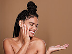 Beauty, skincare and black woman mock up happy about facial wellness, cosmetic health and hands, Woman model with happiness from cosmetics, hair care and dark skin luxury dermatology with a smile