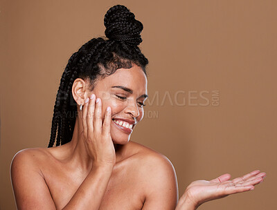 Buy stock photo Beauty, skincare and black woman mock up happy about facial wellness, cosmetic health and hands, Woman model with happiness of cosmetics, hair care and dark skin luxury dermatology product placement