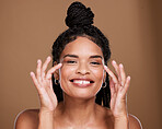 Black woman, face and smile for skincare, makeup or cosmetics against a brown studio background. Portrait of African American female smiling with teeth in satisfaction for cosmetic facial treatment