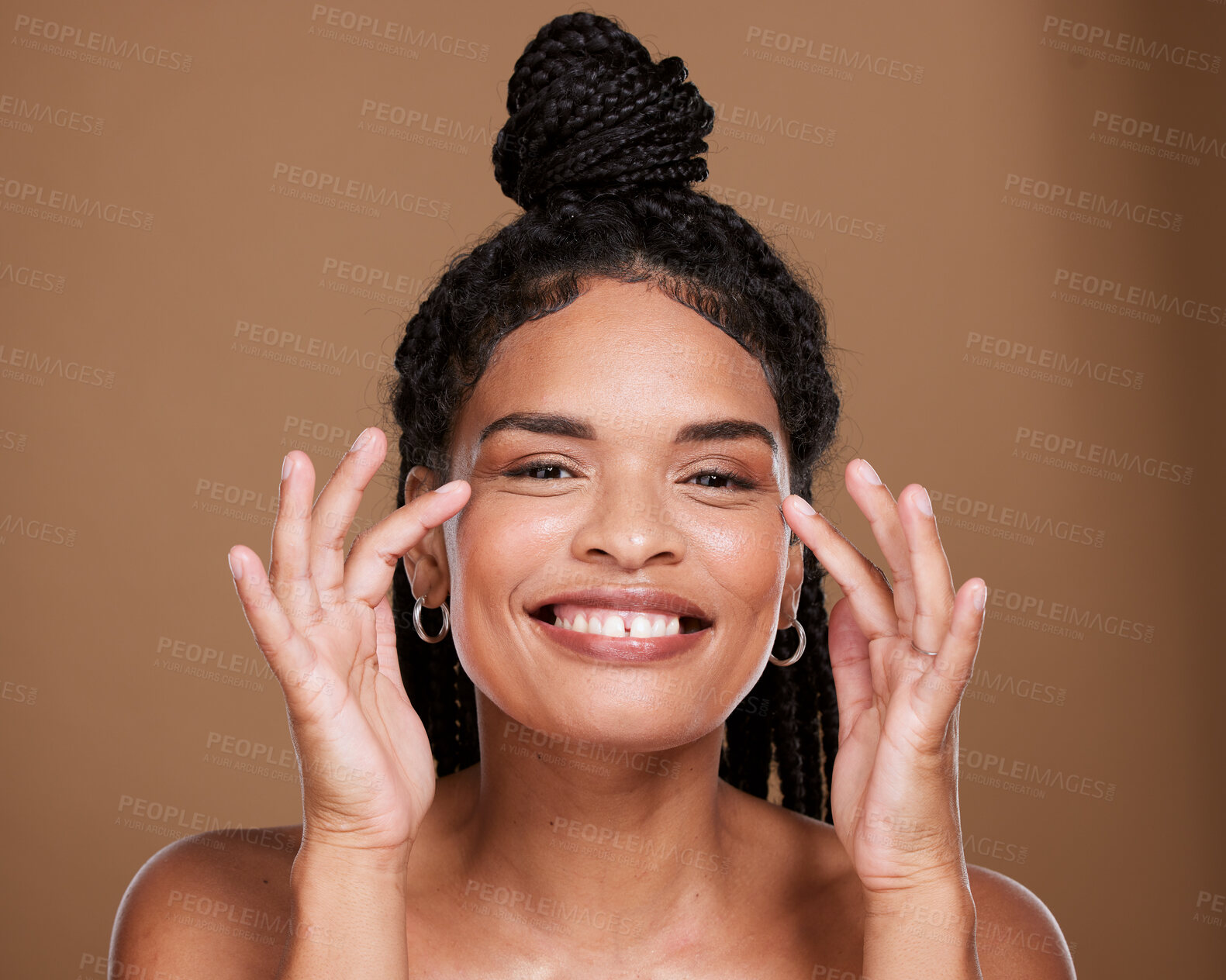 Buy stock photo Black woman, face and smile for skincare, makeup or cosmetics against a brown studio background. Portrait of African American female smiling with teeth in satisfaction for cosmetic facial treatment