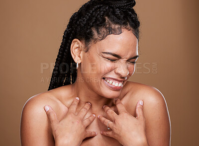 Buy stock photo Happy, skin and black woman in studio for beauty, wellness and skincare on brown background mockup. Smile, girl and dermatology model relax for facial, body and glamour pamper, grooming and hygiene