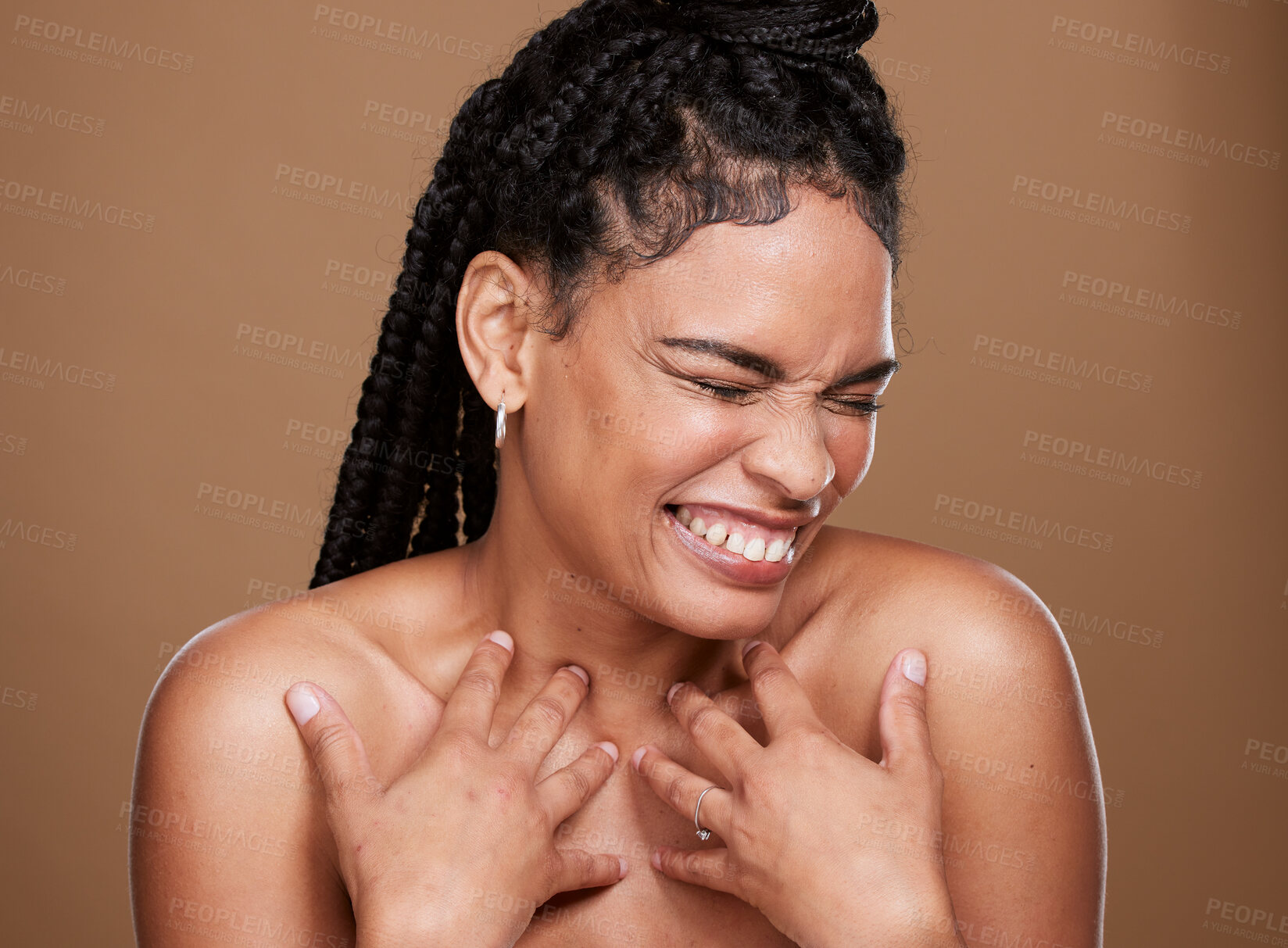 Buy stock photo Happy, skin and black woman in studio for beauty, wellness and skincare on brown background mockup. Smile, girl and dermatology model relax for facial, body and glamour pamper, grooming and hygiene