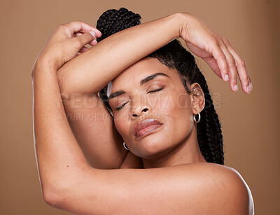 Buy stock photo Black woman, skincare and wellness of a model with facial health, cosmetic and beauty skin care. Woman face with wellbeing, dermatology and healthy face flow with cosmetics and cosmetology lifestyle