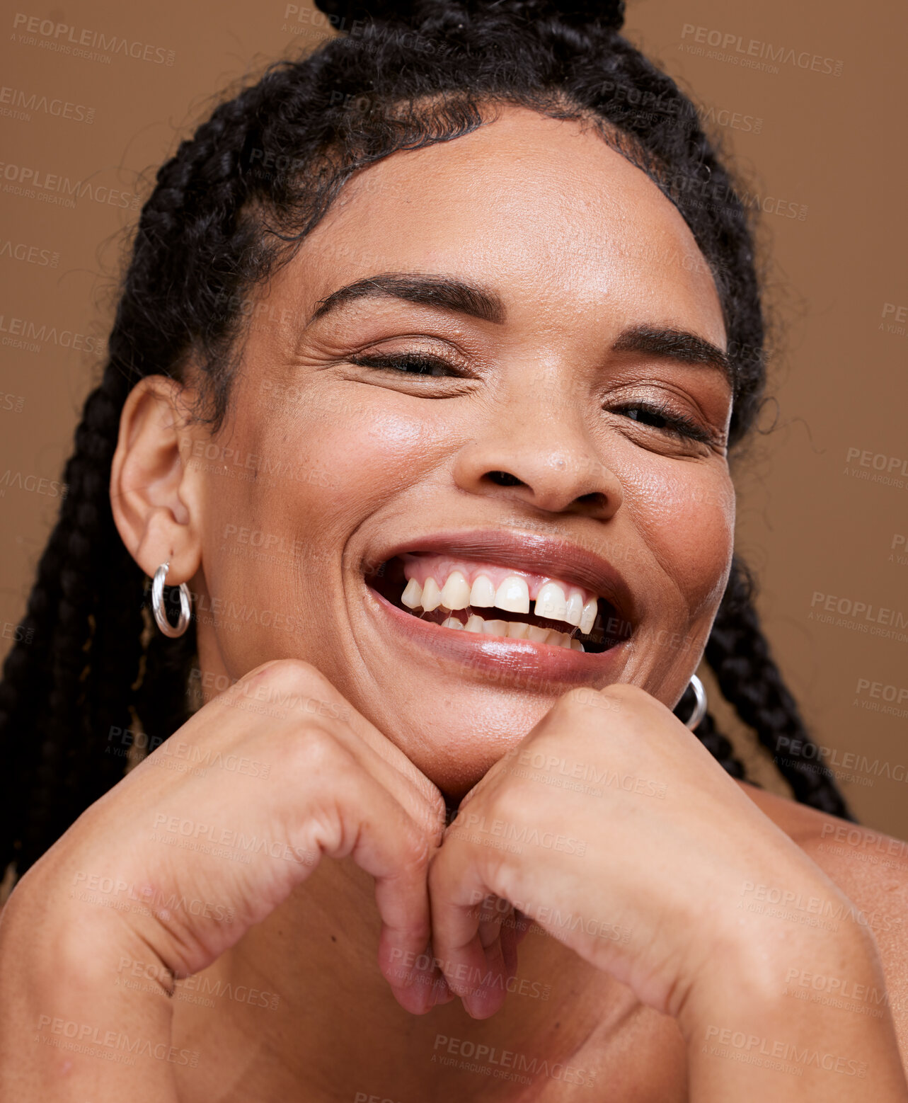 Buy stock photo Beauty, black woman and smile with dental treatment for beauty model on a brown studio background. Oral health, dental health and teeth with a big smile and african american female for wellness 