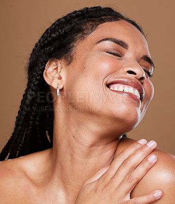 Buy stock photo Beauty, hair care and black woman with braids in studio with smile on brown background. Hair salon, fashion and girl model for wellness, cosmetics and products for healthy, natural and curly hair