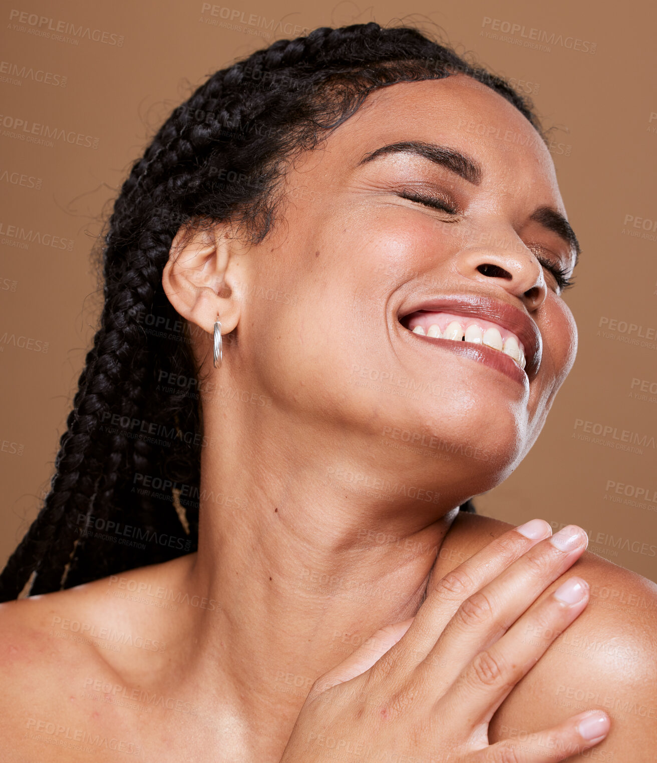 Buy stock photo Beauty, hair care and black woman with braids in studio with smile on brown background. Hair salon, fashion and girl model for wellness, cosmetics and products for healthy, natural and curly hair