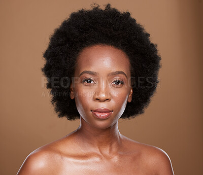 Buy stock photo Black woman, beauty portrait and afro hair, skincare and facial treatment for shine, glow or healthy skin on studio background. African model, curly hair and aesthetic makeup, cosmetics and self care