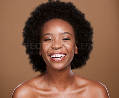 Buy stock photo Beauty, skincare and portrait of black woman in studio for wellness, health and organic face treatment. Happy, smile and young model with natural facial and skin routine isolated by brown background.