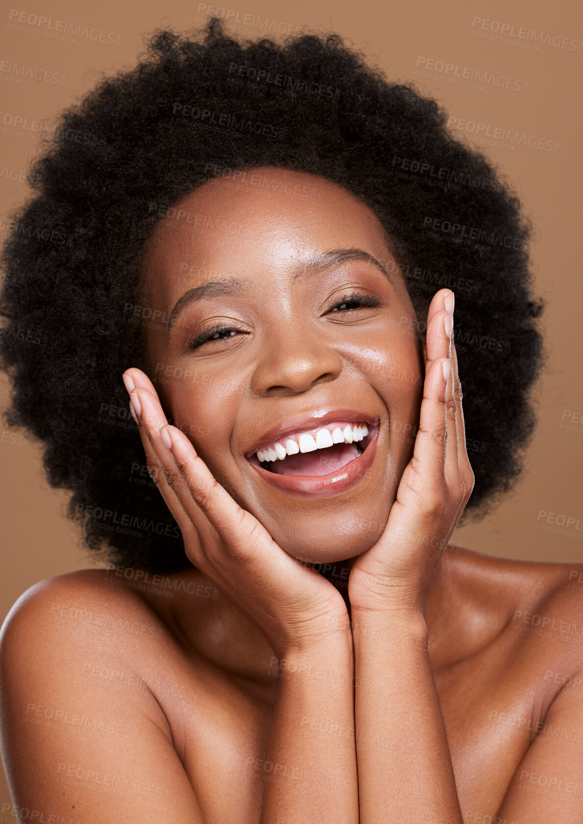 Buy stock photo Black woman, skincare and happy smile, wellness and cosmetics with natural makeup in brown studio background. Hair care, healthy skin and beauty face with happiness, model and healthy facial glow