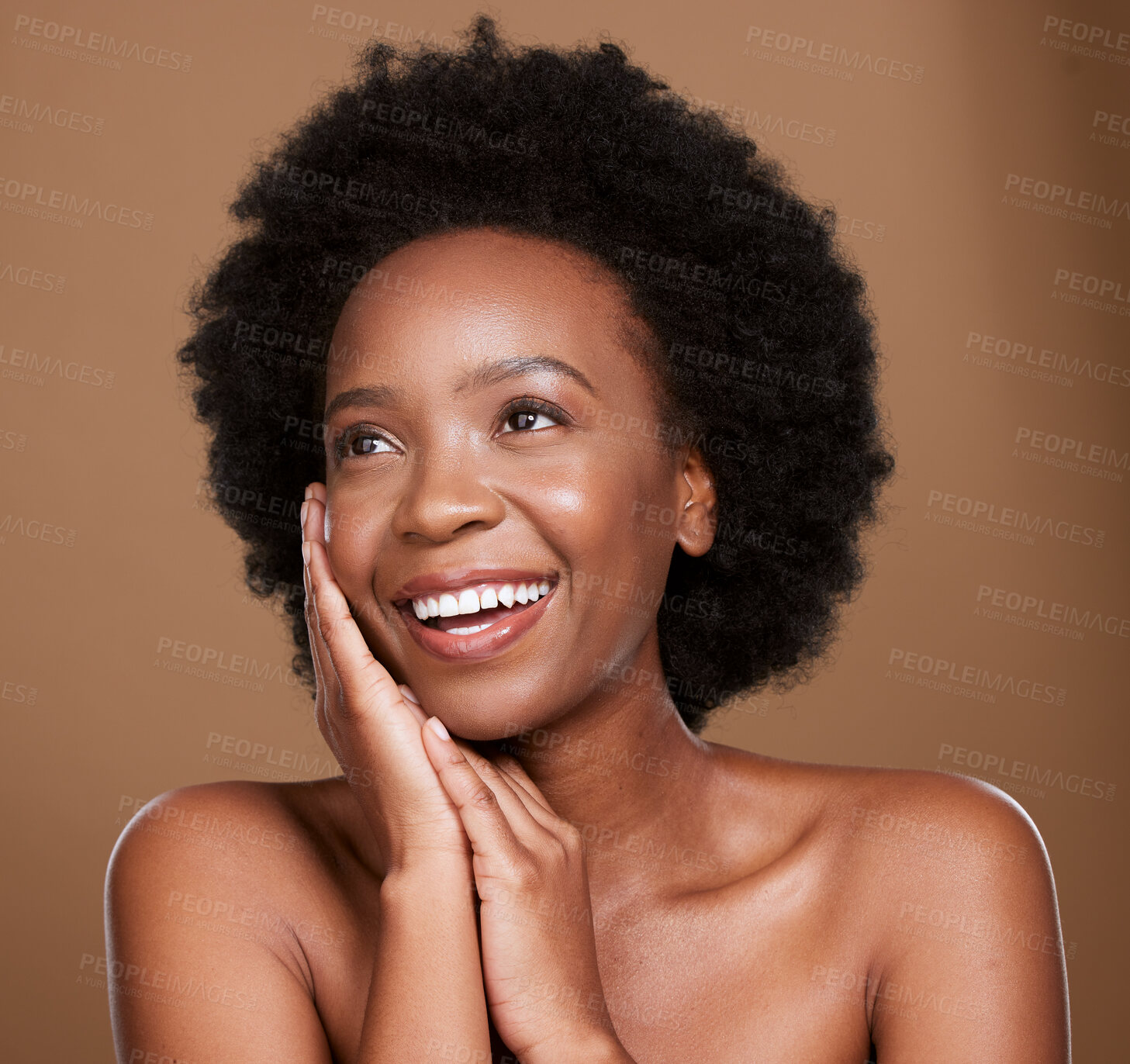 Buy stock photo Natural hair, skincare and african woman in studio thinking of beauty, cosmetics or makeup for glow, shine and health. Happy Nigeria, kenya or black woman model face for skin care shine and self love