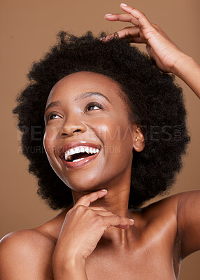 Buy stock photo Black woman, facial skincare and hair glow with a happy smile, natural haircare health product and organic skin wellness treatment. Luxury spa, healthy cosmetic beauty and a studio background 