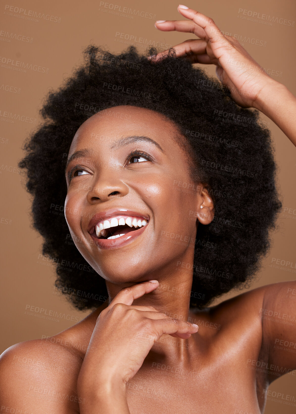 Buy stock photo Black woman, facial skincare and hair glow with a happy smile, natural haircare health product and organic skin wellness treatment. Luxury spa, healthy cosmetic beauty and a studio background 