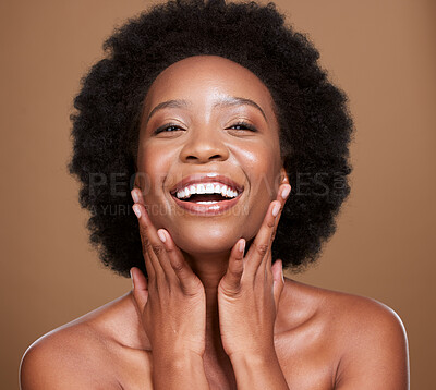 Buy stock photo Black woman, wellness and skincare portrait of a happy model with healthy skin glow. Facial cosmetics, hair care and natural dermatology of a person with happiness from self care and body health