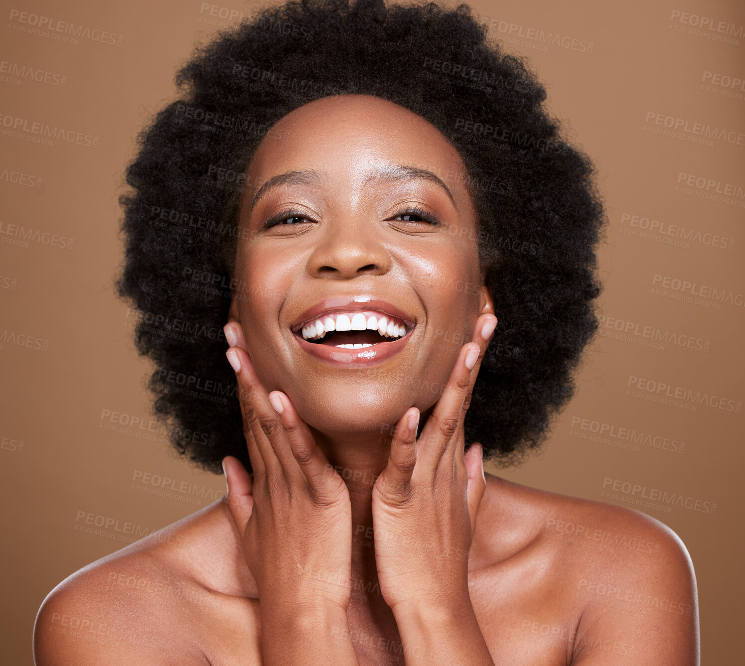 Buy stock photo Black woman, wellness and skincare portrait of a happy model with healthy skin glow. Facial cosmetics, hair care and natural dermatology of a person with happiness from self care and body health