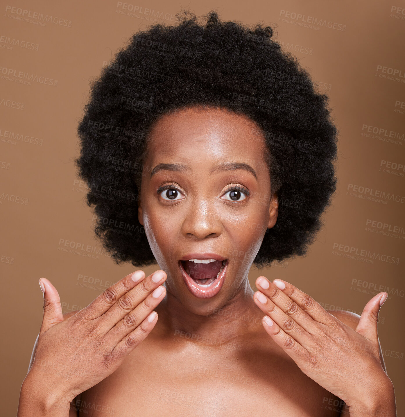 Buy stock photo Black woman, studio beauty and wow for skincare, glow or wellness on face by brown backdrop. Model, excited woman or surprise for skin, omg results or natural facial for cosmetics, shine or self care
