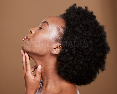 Buy stock photo Black woman afro, beauty and hair care for salon, skincare or cosmetics against a brown studio background. African American female in relax, wellness and healthy care for hair treatment on mockup