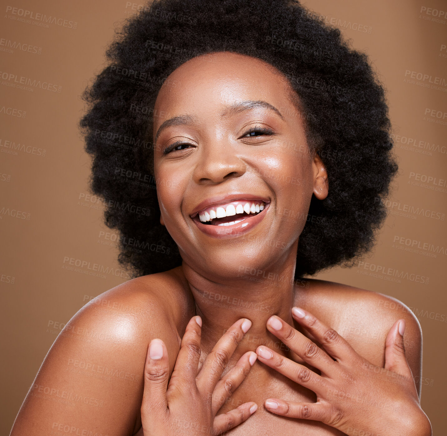 Buy stock photo Beauty, hair care and portrait of black woman with smile on brown background studio. Wellness, skincare and face of happy girl model for cosmetics, makeup products and natural products for curly hair