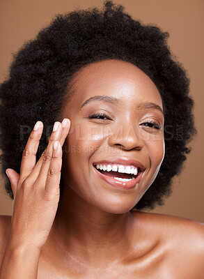 Buy stock photo Happy, skincare and woman in studio for face cream, skin and wellness product against brown background. Face, portrait and black woman model smile, relax and enjoy facial, sunscreen and luxury mask
