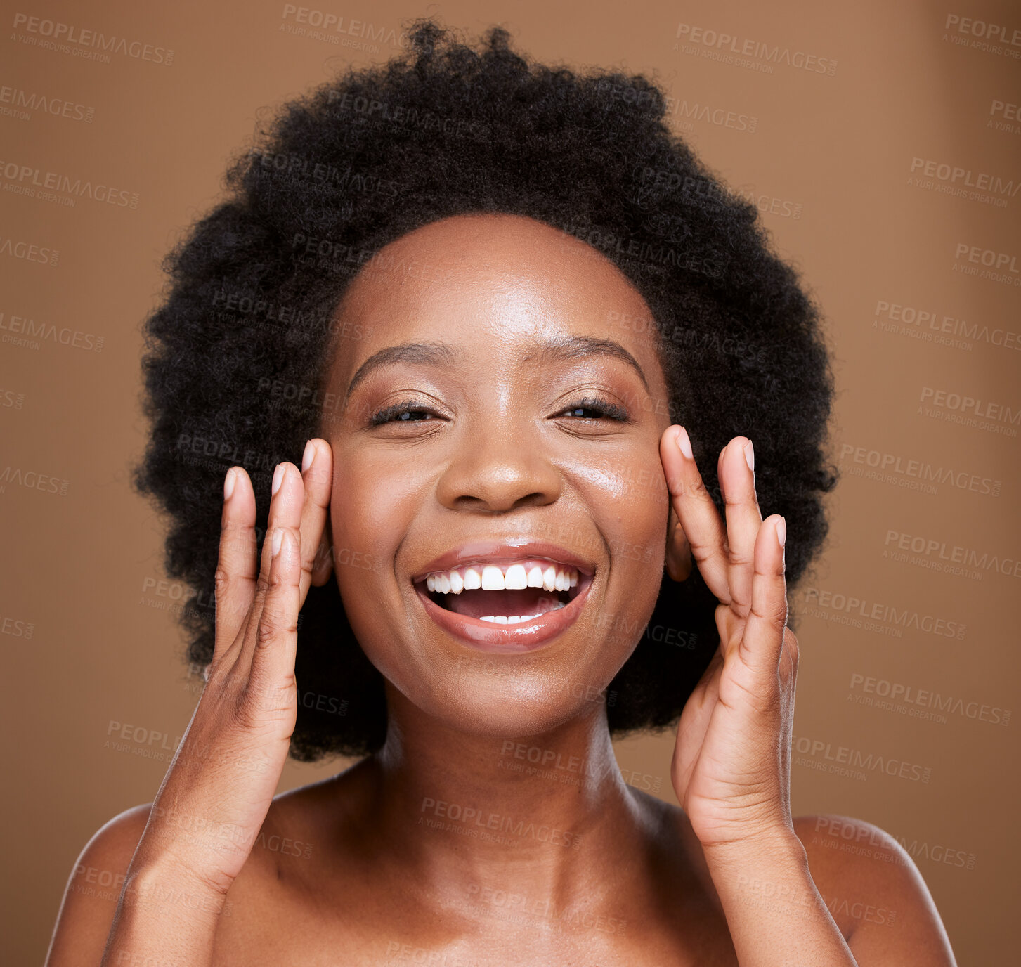 Buy stock photo Black woman, face skincare and happy smile with natural skin health, healthy facial glow and organic moisturizing wellness treatment. Cosmetic beauty product, luxury spa mockup and studio background 