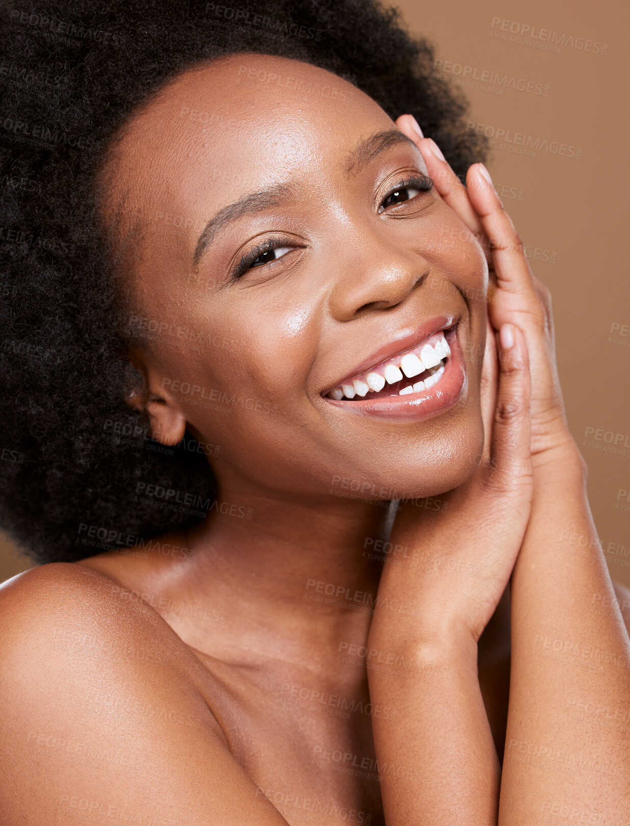 Buy stock photo Beauty, skincare and portrait of woman relax in studio for wellness, skin and body care against brown background. Happy, face and black woman smile, happy and product satisfaction after facial mockup